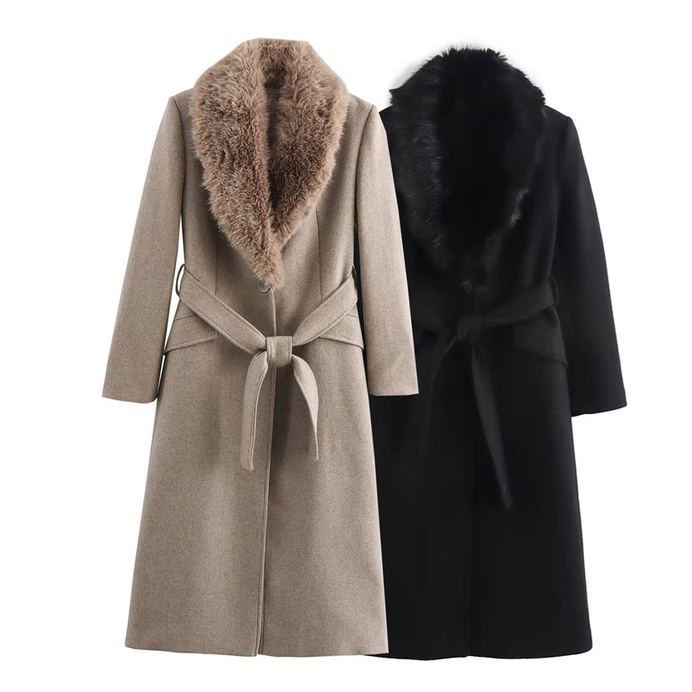 Wool Coat Peacoat - Cinto feminino gola de pele quente